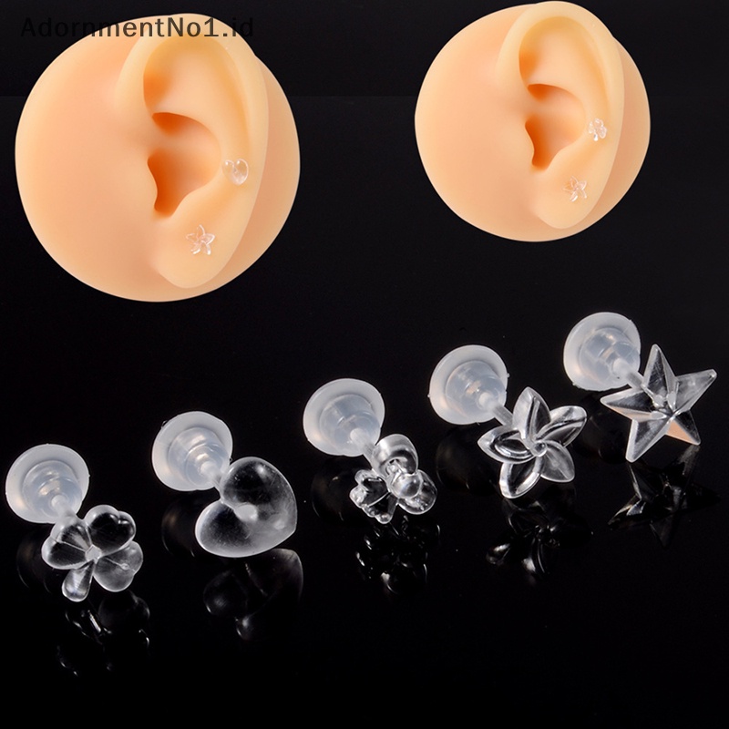 [AdornmentNo1] 5pasang kuku tulang telinga transparan Invisible akrilik bintang hati bunga anting Cartilage Earring Spiral Stud Earring