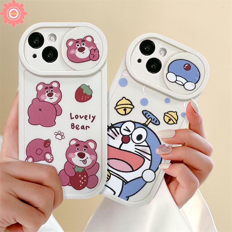 Strawberry Bear Lotso Cartoon Case Compatible for IPhone 11 7Plus XR 13 12 Pro Max 8Plus X XS Max Push Pull Window Lovely Doraemon Funny Dinosaur Camera Lens Protector Cover