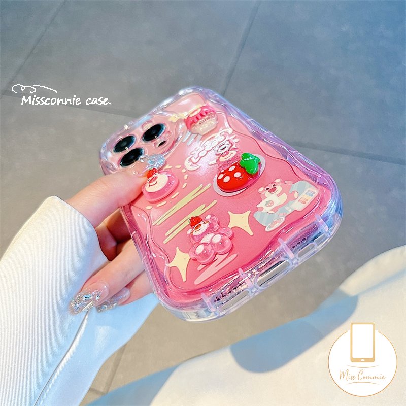 Kartun DIY Case Untuk Realme C55 C53 C12 C25 C35 C33 C31 C21Y C11 C15 C20 5 7i 5i 5s 6i 9i C25s C25Y C30 C17 C21 C3 C20A C3 3D Boneka Strawberry Bear Manyo 3D Bergelombang Lengkung Tepi Penutup