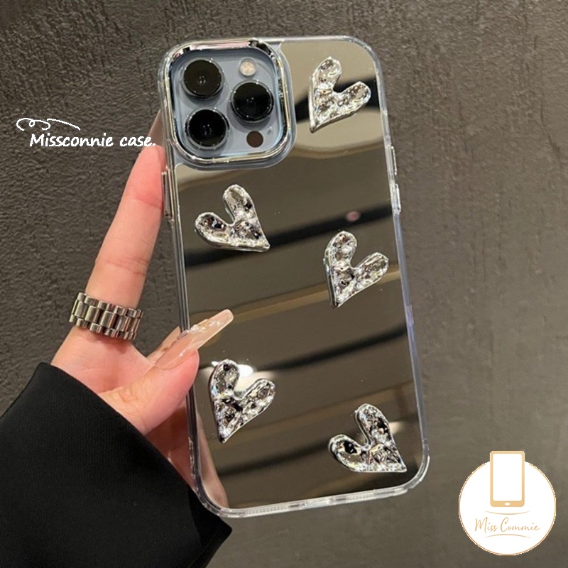 IPHONE Casing Cermin Make Up 3D Stereo Silver Love Heart Kompatibel Untuk Iphone14 11 13 12 Pro Max 14 Pro 12 Pro 13 Pro 14 Pro Max 11 13 14 12 Mewah Plating Metal Akrilik Shockproof Cover