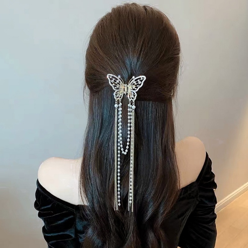 Korea INS Gaya Peri Berlian Imitasi Mutiara Imitasi Rumbai Hiu Klip Fashion Indah Berongga Kupu-Kupu Hadiah Rambut Pin Aksesoris Alloy Ponytail Holder Hair Claw