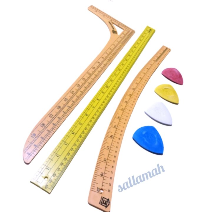 

penggaris pola jahit \ paket isi 3 penggaris dan 4 kapur warna \ jidar \ pengukur \ alat ukur\ alat mesin jahit ,.\