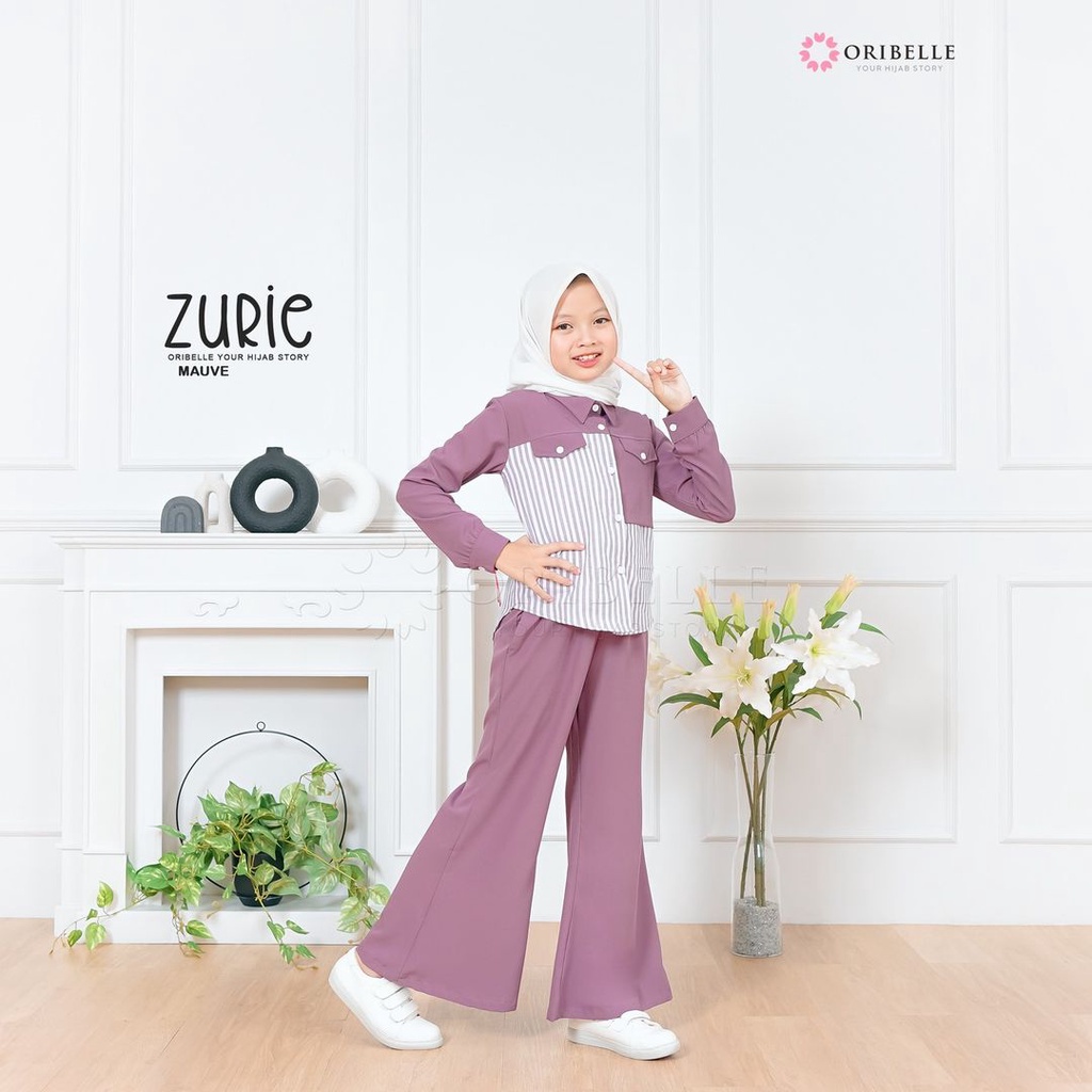 Zurie Set Anak Perempuan Matt Cringkle Airflow Mix Katun Salur Polos Basic Premium l Setelan Celana Muslim