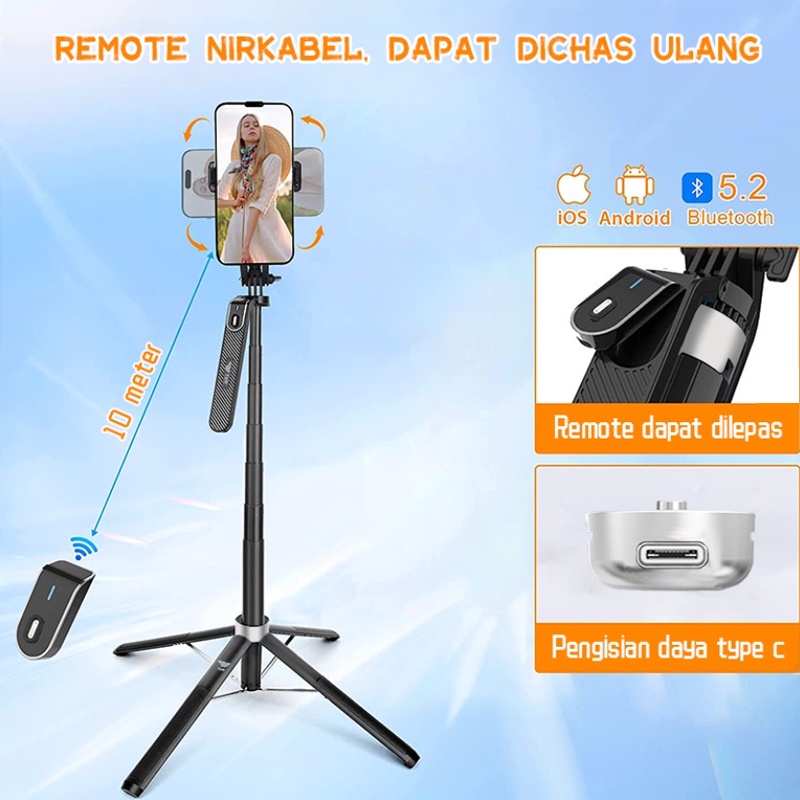 P180 Tongsis Tripod Bluetooth Selfie Stick Remote Tripod Bracket penstabil empat kaki HP 360 ° Rotation 180cm Dengan 1/4 Adaptor