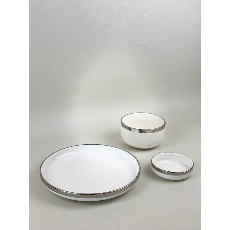 Piring Set 1 Orang/ Piring Makan Set Series Silver Isi 3 Pcs / Piring Set Keramik List Emas / Piring