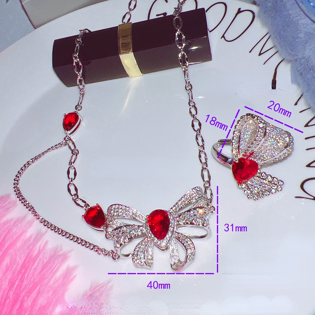 Goldkingdom Fashion Perhiasan Aksesoris Ready Stock Industri Berat Maju Merasakan Micro Penuh Berlian Merah Busur Set Kalung Super Peri Kupu-Kupu Berbentuk Hati Terbuka Cincin Perempuan