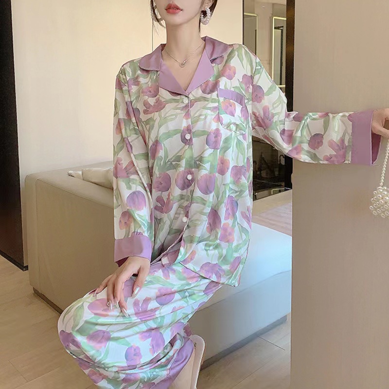 2023 piyama baru wanita/wanita kurus longgar panjang -lengan panjang -lipleved long shirt home service dua set