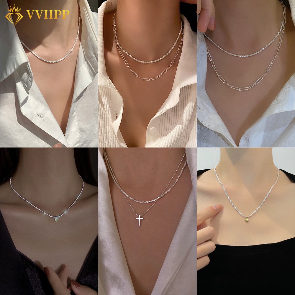 Bersinar Double Layer Kalung Gelang Kristal Salib Hati Perak Manik Liontin Rantai Choker Gelang Untuk Wanita Perhiasan Aksesoris