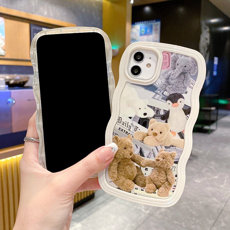 Lovely Brown Bear Family 2in1 Wave Soft Case HP iP iPhone 14 13 12 11 Pro X XS XR Max 7 8 + Plus White FTD Casing Apple