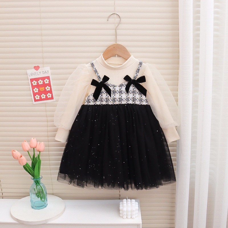 XM14 NEW Dress tutu lengan panjang anak perempuan motif dua pita simpul