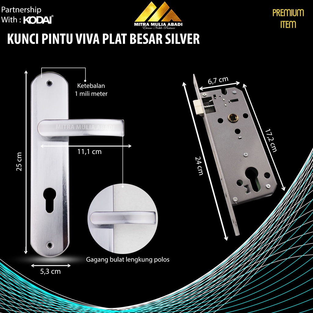 Kunci Pintu Besar Bulat Plat Silver 25 cm VIVA by Kodai I Gagang Bulat Lengkung
