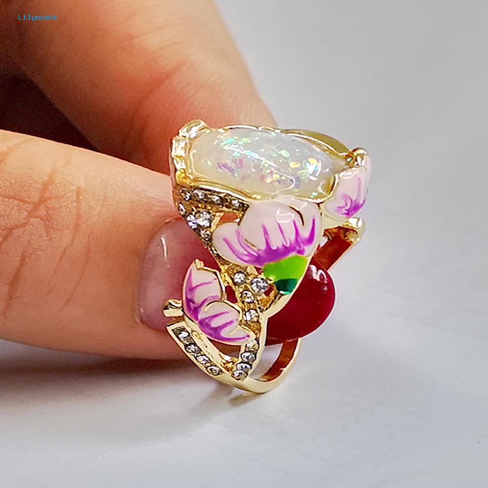 Lilyscent Elegan Wanita Berlian Imitasi Imitasi Opal Hias Lotus Floral Cincin Pesta Perhiasan Hadiah