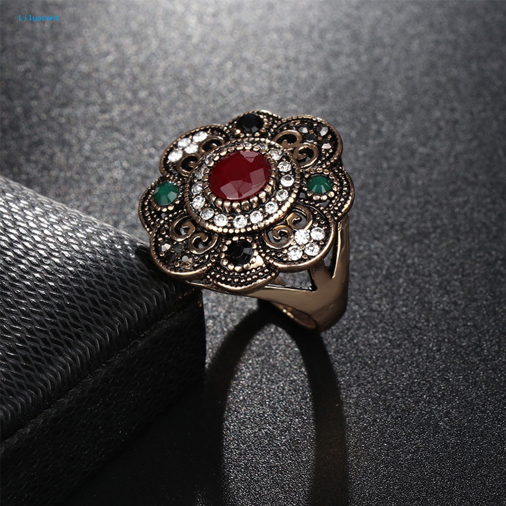 Lilyscent Vintage Wanita Berongga Bunga Berlian Imitasi Statement Cincin Perhiasan Pesta Cocktail