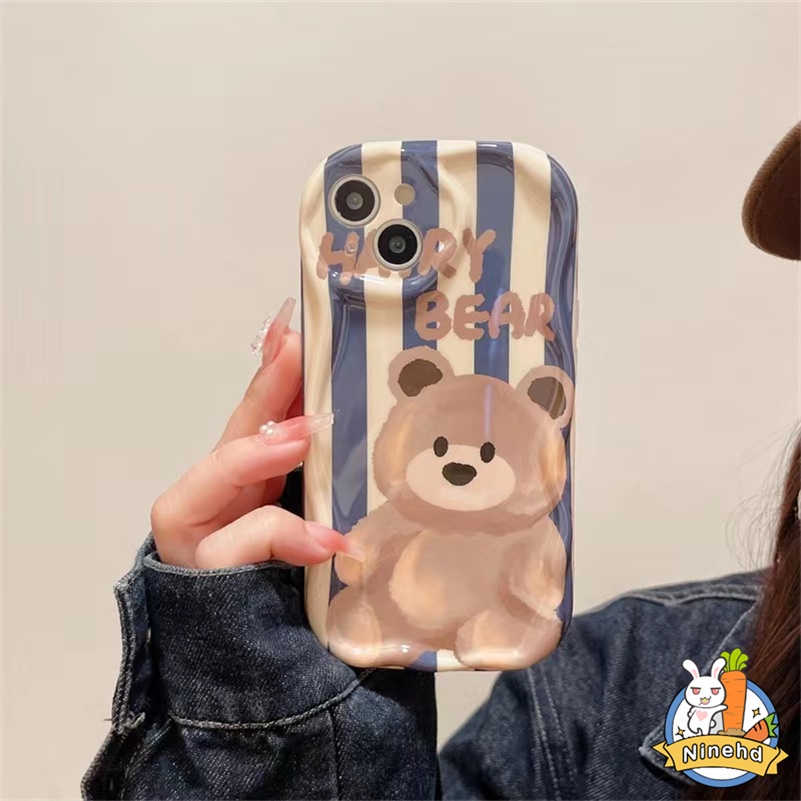 IPHONE Casing Kompatibel Untuk Iphone14 13 12 11 Pro Max X Xr Xs Max8 7 6 6s Plus SE 2020 Fashion Garis Biru Beruang Ponsel Case Perlindungan Lensa Shockproof Bumper Silikon Cover Pelindung