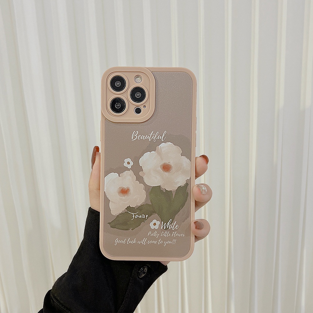 IPHONE [Mata Kucing] Soft Case TPU Anti Slip Untuk Iphone7Plus8 Plus X XS XR XS Max11 13 12 14 PRO Max14 Plus ins Fashion Abu-Abu Lukisan Minyak Bunga Wanita