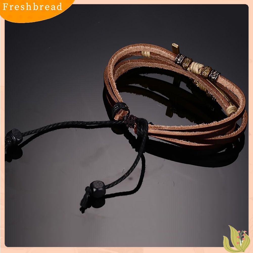 &lt; Freshbread &gt; Retro Faux Kulit Gelang Salib Bangle Wanita Pria Perhiasan Tali Adjustable Rantai