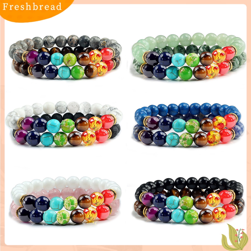 &lt; Freshbread &gt; 1pasang Gelang Manik-Manik Lapisan Ganda Tujuh Cakra Warna-Warni Alami Batu Vulkanik Pergelangan Tangan Berbagai Wanita Pria Yoga Olahraga Chakra Gelang Hadiah Pasangan