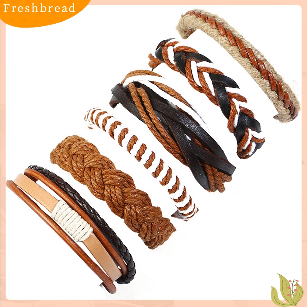 < Freshbread > 6Pcs Vintage Pria Dikepang Tali Kulit Imitasi Gelang Tangan Set Perhiasan Hadiah