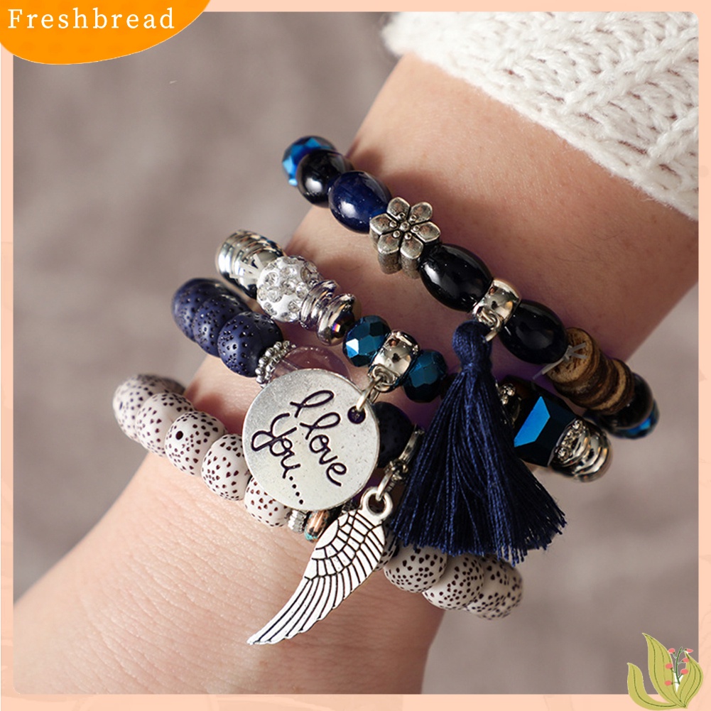 &lt; Freshbread &gt; 4Pcs/Set Gaya Bohemian Huruf Jumbai Bunga Manik-Manik Liontin Wanita Perhiasan