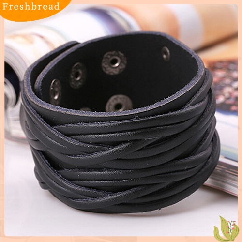 &lt; Freshbread &gt; Wanita Pria Gaya Punk Keren Kulit Bangle Rajut Manset Lebar Handmade Gelang