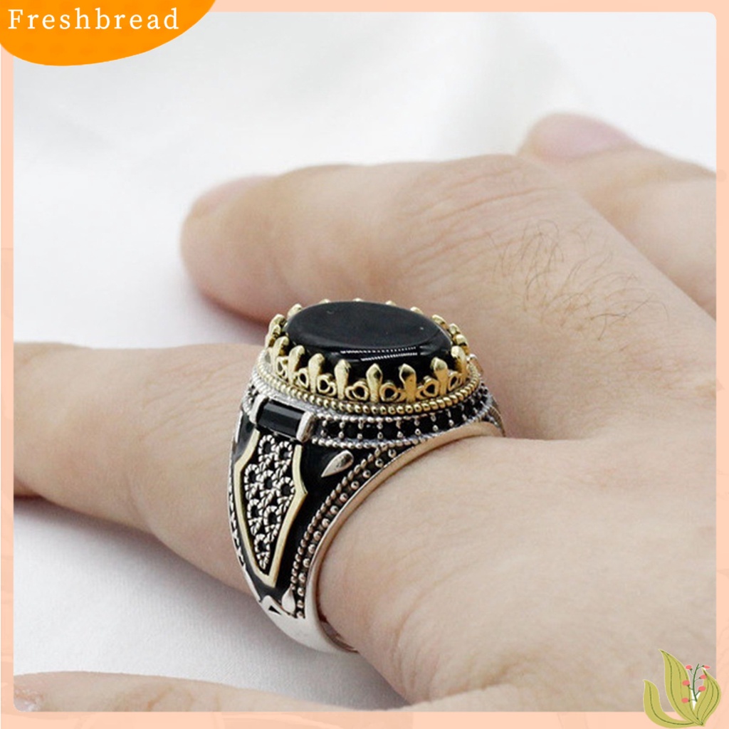 &lt; Freshbread &gt; Pria Cincin Vintage Punk Logam Ukiran Pola Kuno Two Tone Dekoratif Hadiah Batu Akik Imitasi Bertatahkan Laki-Laki Pesta Cincin Perhiasan Pernikahan