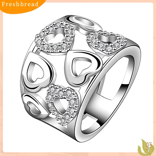 &lt; Freshbread &gt; Wanita925 Sterling Silver Disepuh Berlian Imitasi Lebar Band Cluster Berongga Jantung Cincin