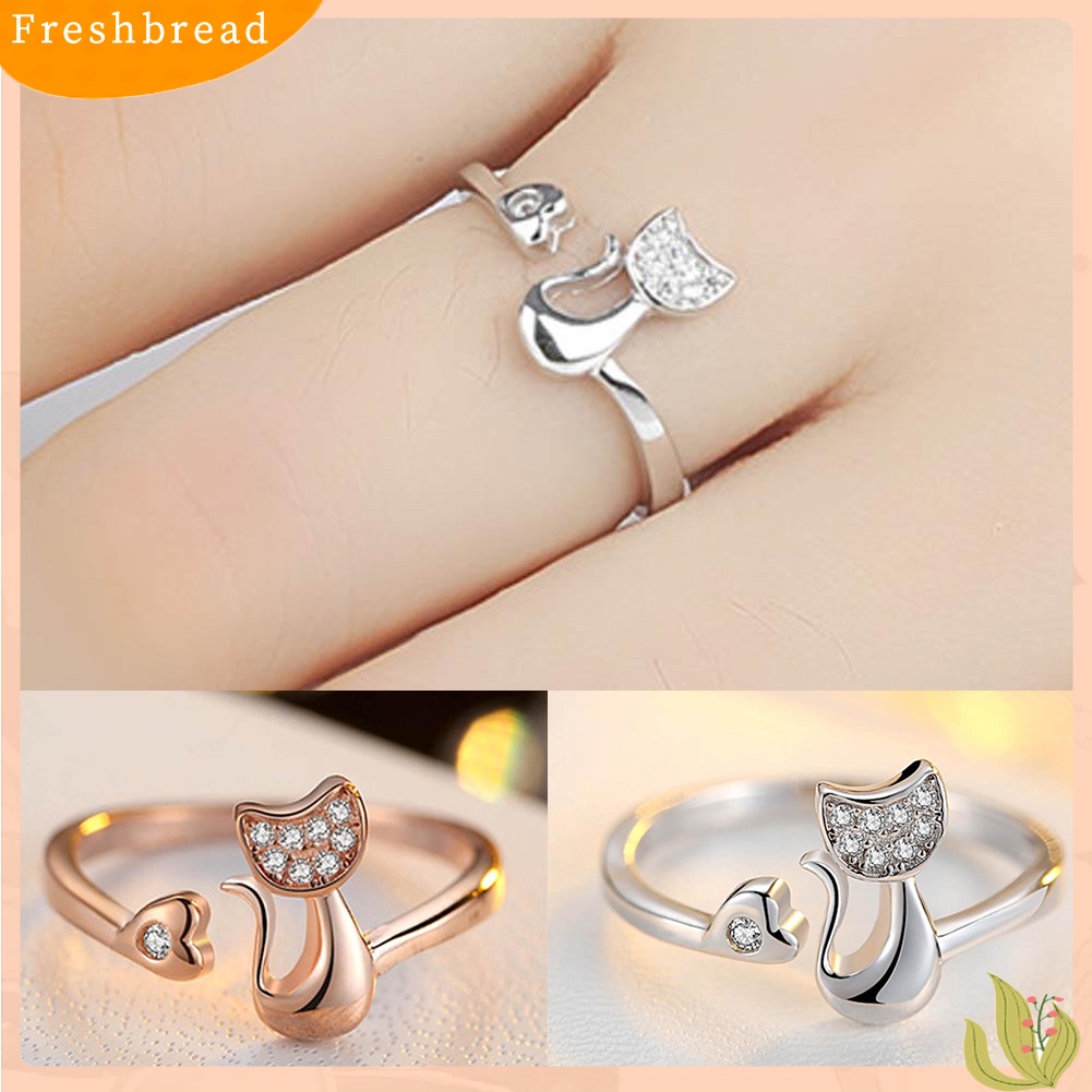 &lt; Freshbread &gt; 1Pc Cubic Zirconia Hewan Kucing Kecil Yang Lucu Hati Terbuka Cincin Fashion Perhiasan