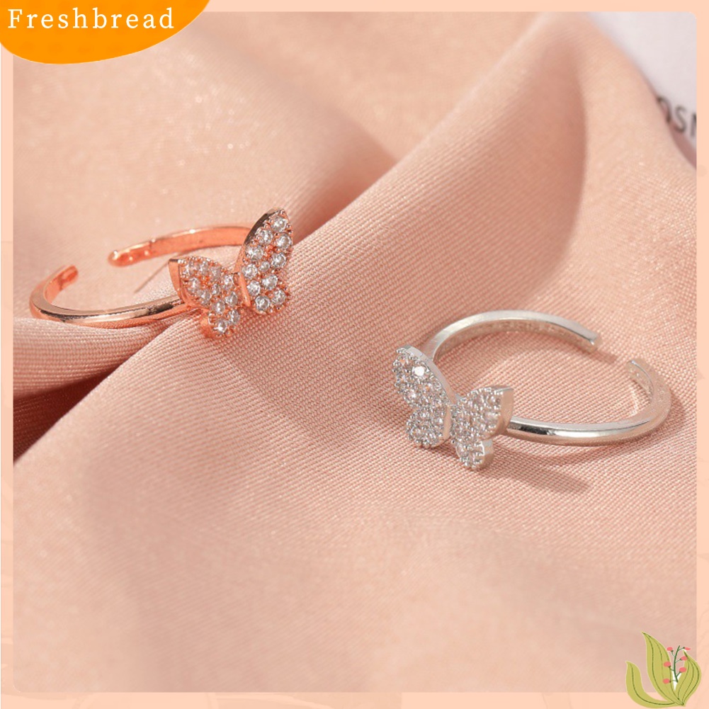 &lt; Freshbread &gt; Bergaya Wanita Bentuk Kupu-Kupu Desain Pembukaan Berlian Imitasi Adjustable Ring Jewelry