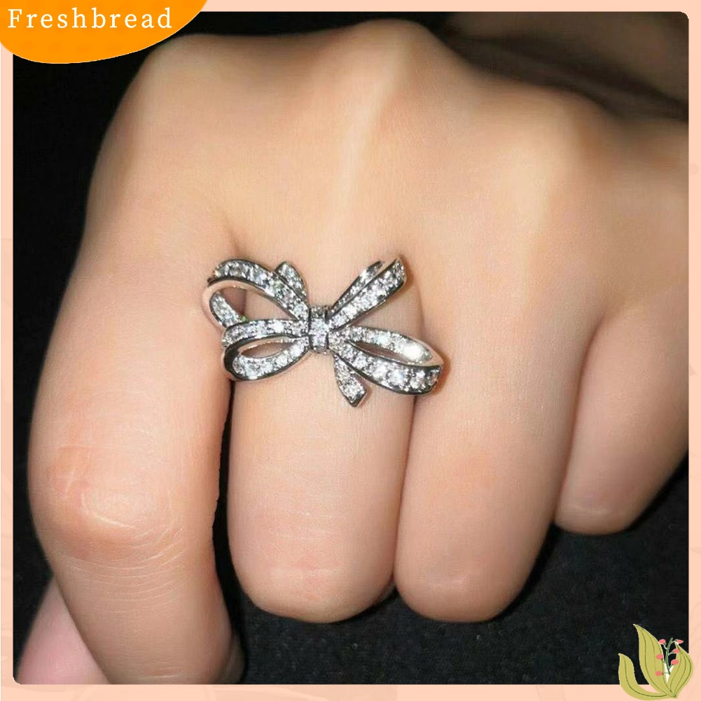 &lt; Freshbread &gt; Wanita Elegan Cubic Zirconia Bertatahkan Busur Jari Cincin Hadiah Perhiasan Pesta Pernikahan