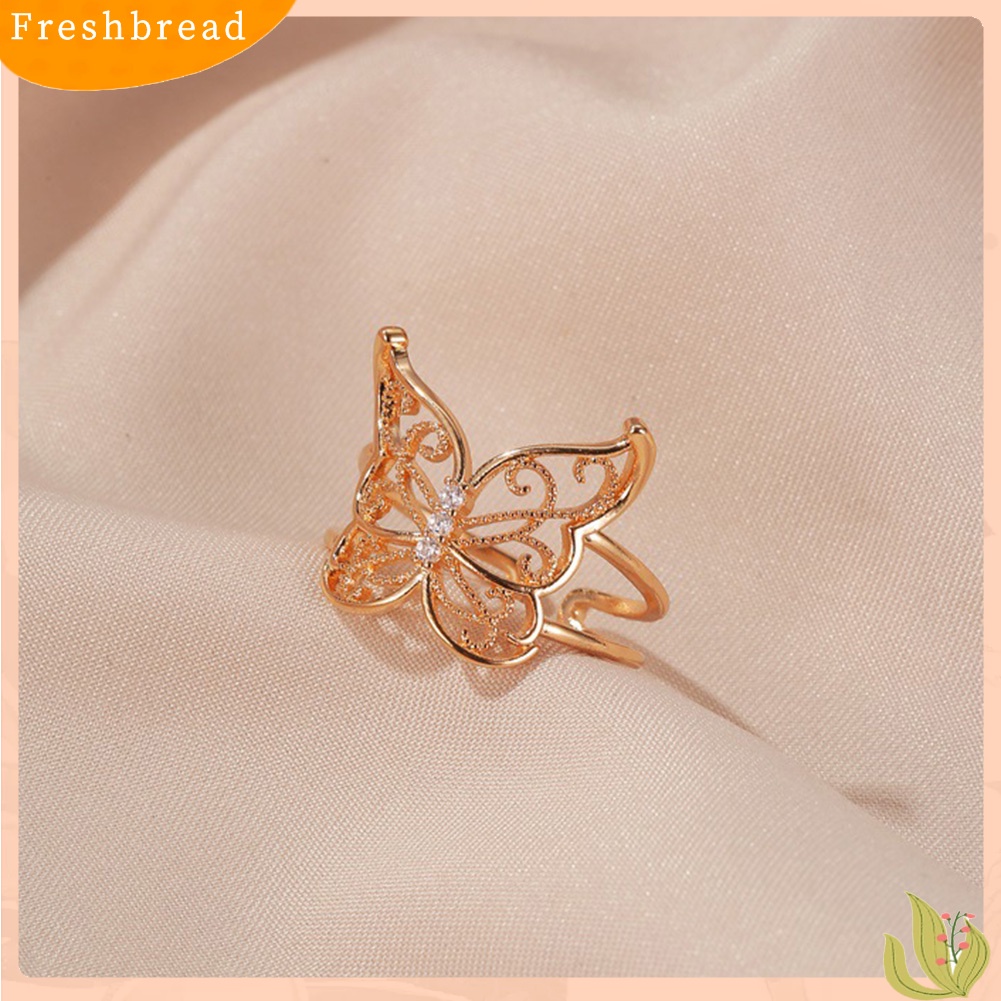 < Freshbread > Fashion Wanita Berongga Kupu-Kupu Berlian Imitasi Pembukaan Lebar Jari Cincin Perhiasan Pesta