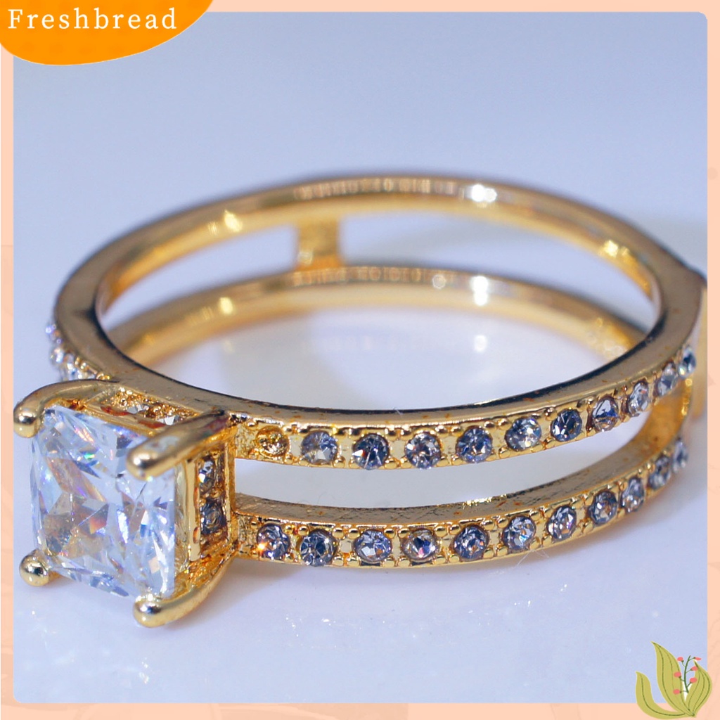 &lt; Freshbread &gt; Wanita Cincin Lapisan Ganda Persegi Berlian Imitasi Perhiasan Fashion Penampilan Indah Jari Cincin Untuk Pernikahan