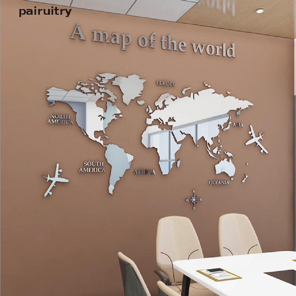 Prt 3D Mirror World Map Art Removable Stiker Dinding Acrylic Mural Decal Dekorasi Rumah PRT