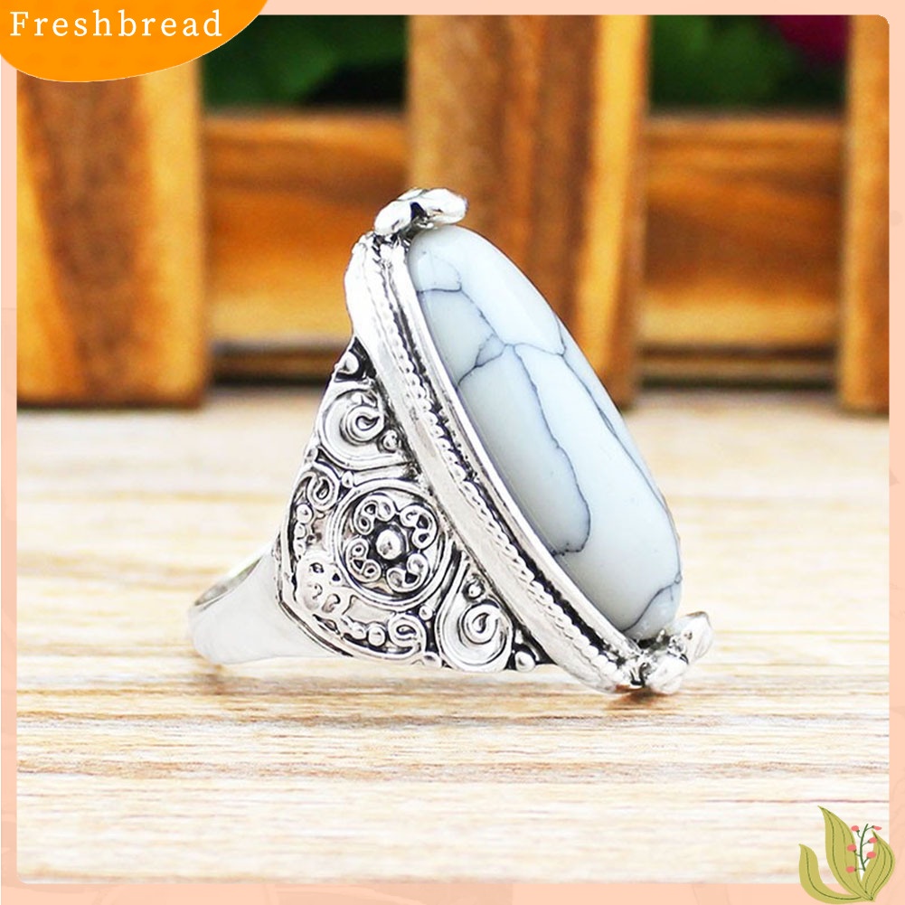 &lt; Freshbread &gt; Wanita Boho Vintage Oval Pirus Antik Perak Disepuh Ukir Cincin Perhiasan