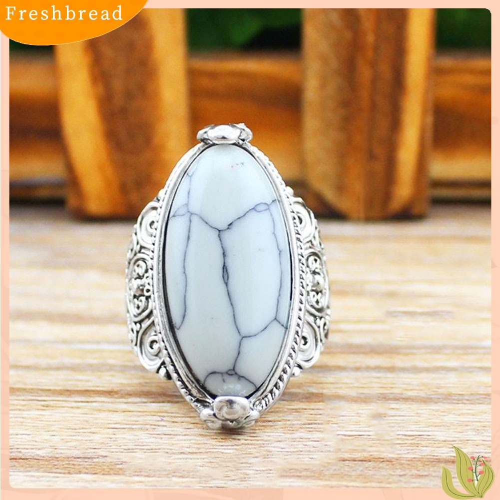 &lt; Freshbread &gt; Wanita Boho Vintage Oval Pirus Antik Perak Disepuh Ukir Cincin Perhiasan