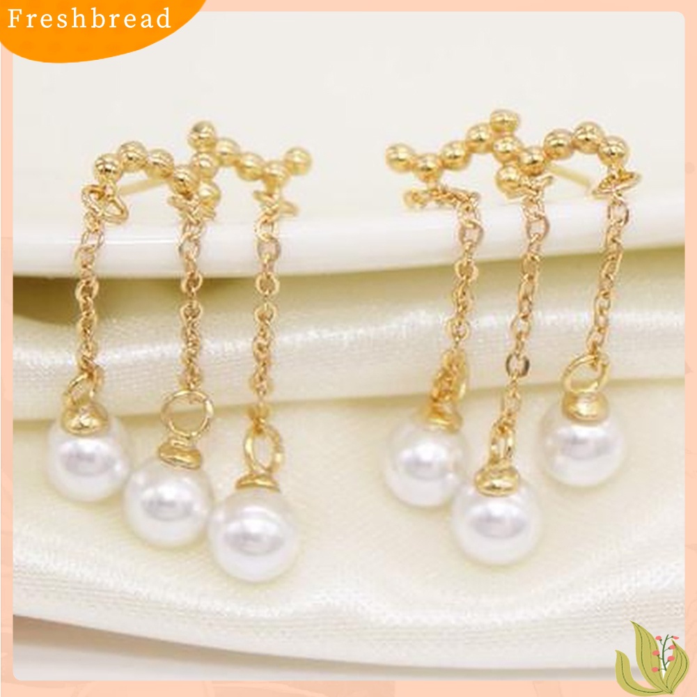 &lt; Freshbread &gt; Pesta Elegan Wanita Triple Rumbai Mutiara Imitasi Menjuntai Panjang Stud Earrings Jewelry