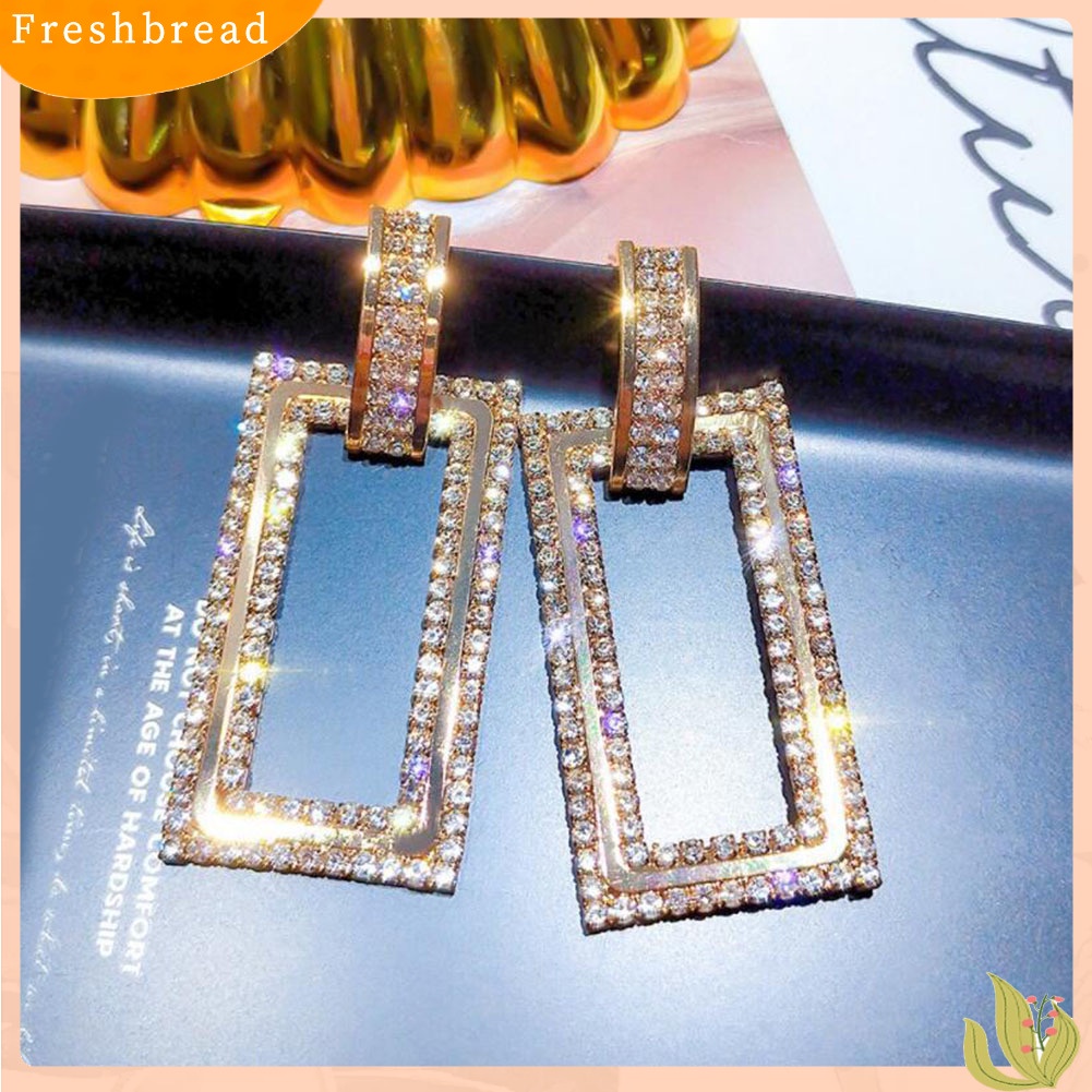 &lt; Freshbread &gt; Wanita Berlian Imitasi Bertatahkan Berongga Persegi Panjang Menjuntai Ear Stud Earrings Perhiasan Hadiah