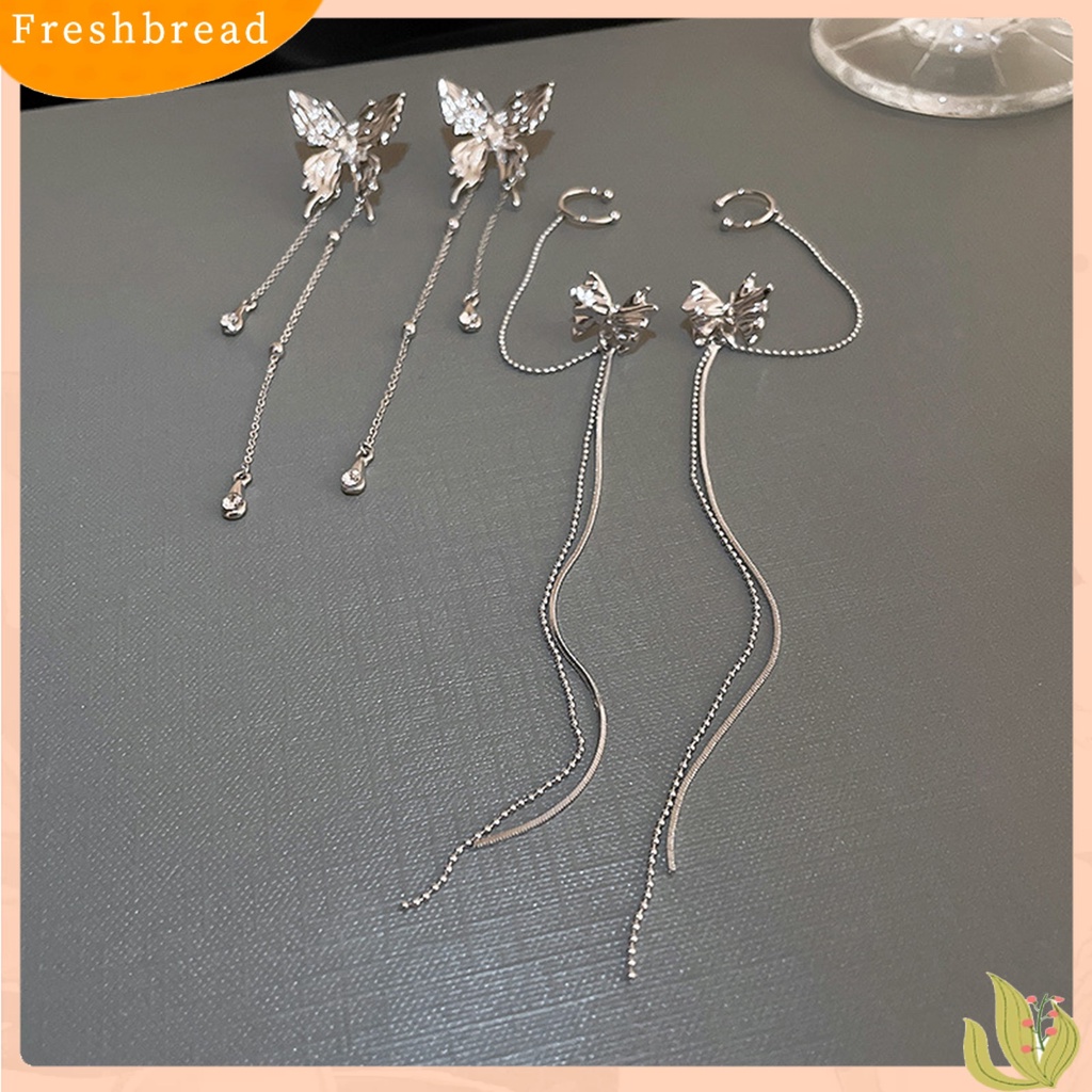 &lt; Freshbread &gt; 1pasang Anting Menjuntai Temperamen Mengacak-Acak Kupu-Kupu Rantai Panjang Rumbai Desain Berlian Imitasi Bertatahkan Berdandan Hadiah Wanita Liontin Anting Telinga Klip