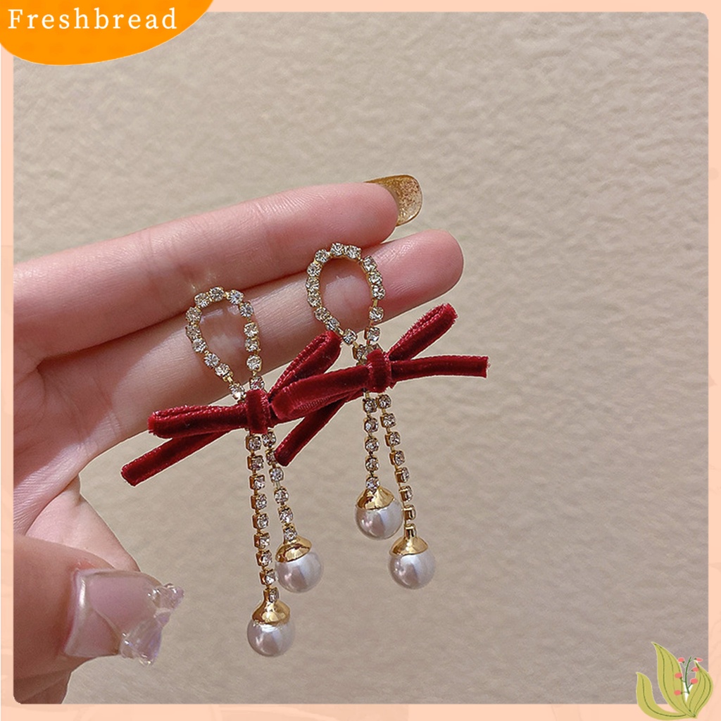 &lt; Freshbread &gt; 1pasang Anting Menjuntai Busur Mutiara Imitasi Wanita Berlian Imitasi Mengkilap Jumbai Anting Stud Untuk Pacaran