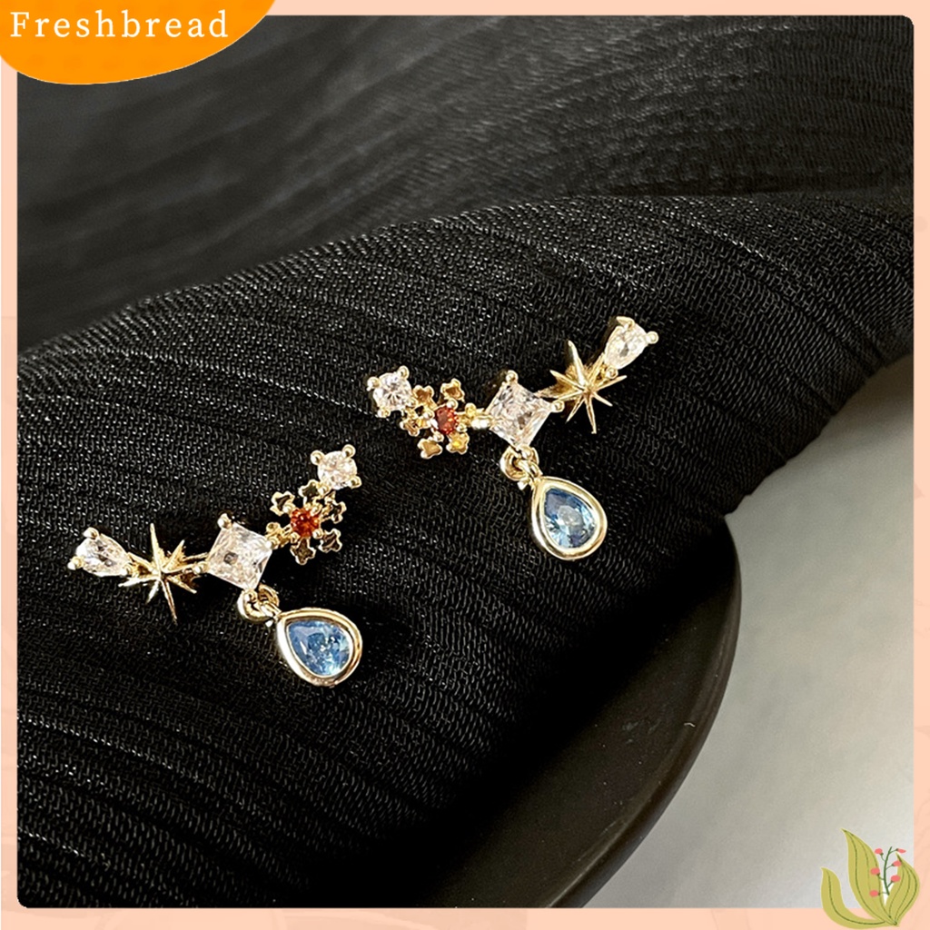 &lt; Freshbread &gt; Kalung Wanita Vintage Tahan Aus Anting Copper Silver Post Blue Water Drop Zircon Untuk Musim Panas