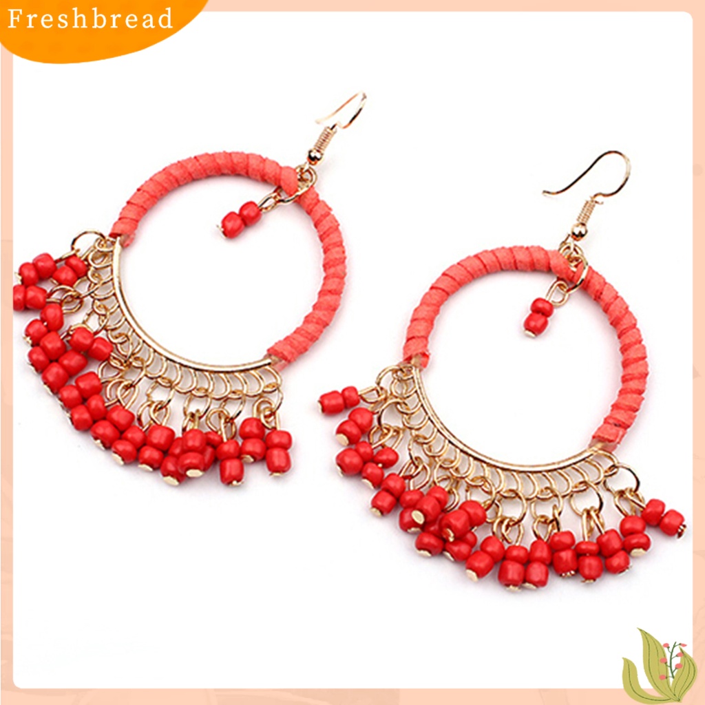 &lt; Freshbread &gt; 1pasang Anting Gaya Boho Manik-Manik Rumbai Desain Alloy Anting Kait Menjuntai Untuk Pakaian Sehari-Hari