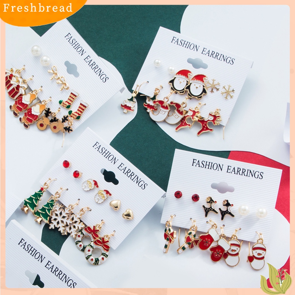 &lt; Freshbread &gt; 6pasang/Set Anting Natal Meriah Enamel Geometris Mengkilap Electroplating Dekorasi Perhiasan Hadiah Pohon Xmas Elk Snowman Santa Claus Ear Studs Menjuntai Anting