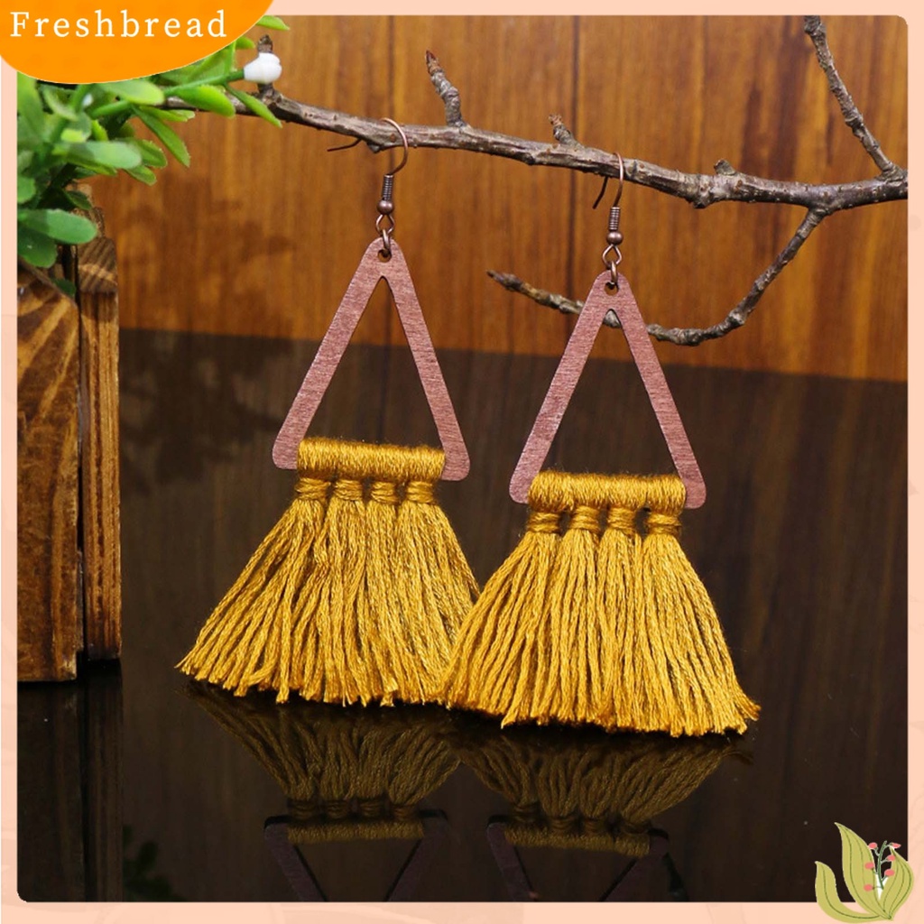 &lt; Freshbread &gt; 1pasang Segitiga Kayu Gaya Etnik Lady Drop Earrings Aksesori Bohemian Benang Katun Rumbai Kait Anting Perhiasan Pesta