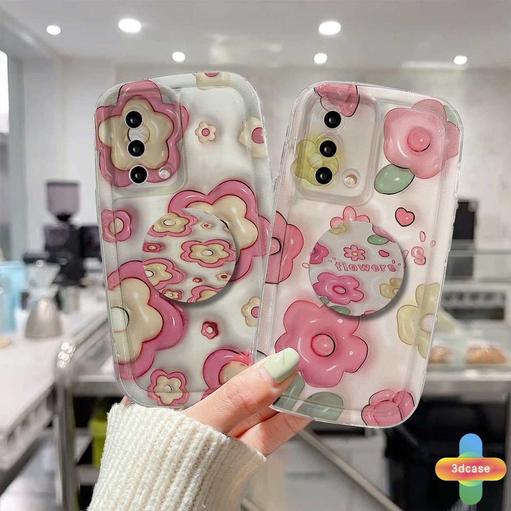 Case OPPO A5S A57 A3S A76 A96 A16 A17 A17K A95 A55 A15 A54 A7 A5 A9 A31 A53 A33 2020 A77S A12 A12S A1K A16E A16K A54S Reno 7 7Z 8Z 5 4 6 8 5F 5K 4F 4 5 06 Lite A74 A15S A52 A11K A92 A35 A36 A11 A93 Ins Pink Flowers Shockproof Full Soap Cover With Stand