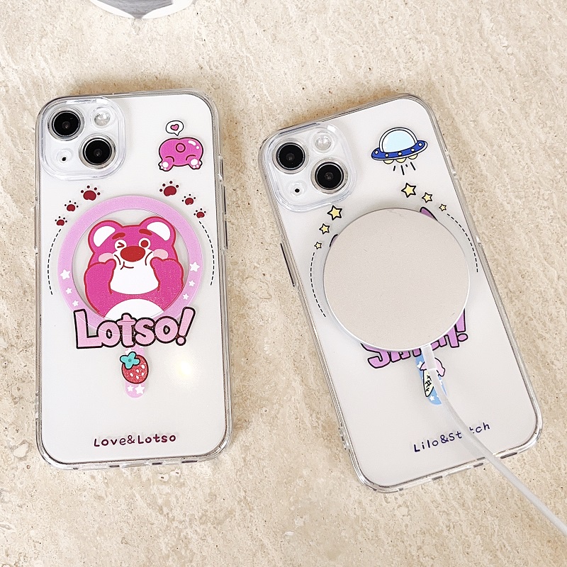 IPHONE Untuk Iphone14 13 12 11 Pro Max Magnetik Transparan Kartun Stitch Lucu Strawberry Bear Telepon Soft case