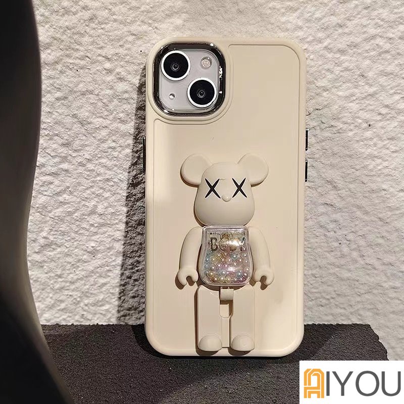 IPHONE Lucu Permen Warna Putar Violence bear Phone Holder bracket Casing Untuk Iphone14 13 12 11 Pro Max XS Max Casing Ponsel Tombol Logam Gelombang Silikon Soft Cover