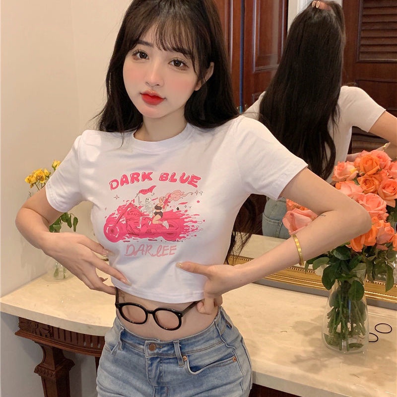 Red Musim panas chic chic cetak kartun lengan pendek t-shirt perempuan rasa desain ceruk keinginan murni hot gadis bocor pusar pendek top