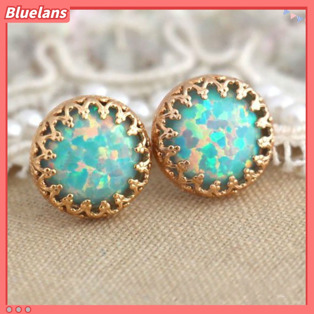 {In Stock} Vintage Wanita Multicolor Bulat Imitasi Opal Ukir Menjuntai Kait Anting Perhiasan