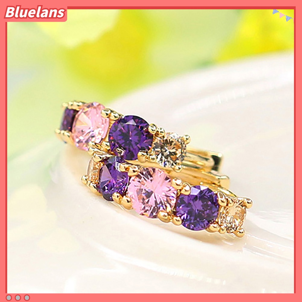 {In Stock} Wanita Fashion Berlapis Emas 9K Ungu Zirkon Eardrop Huggie Anting Perhiasan Hadiah
