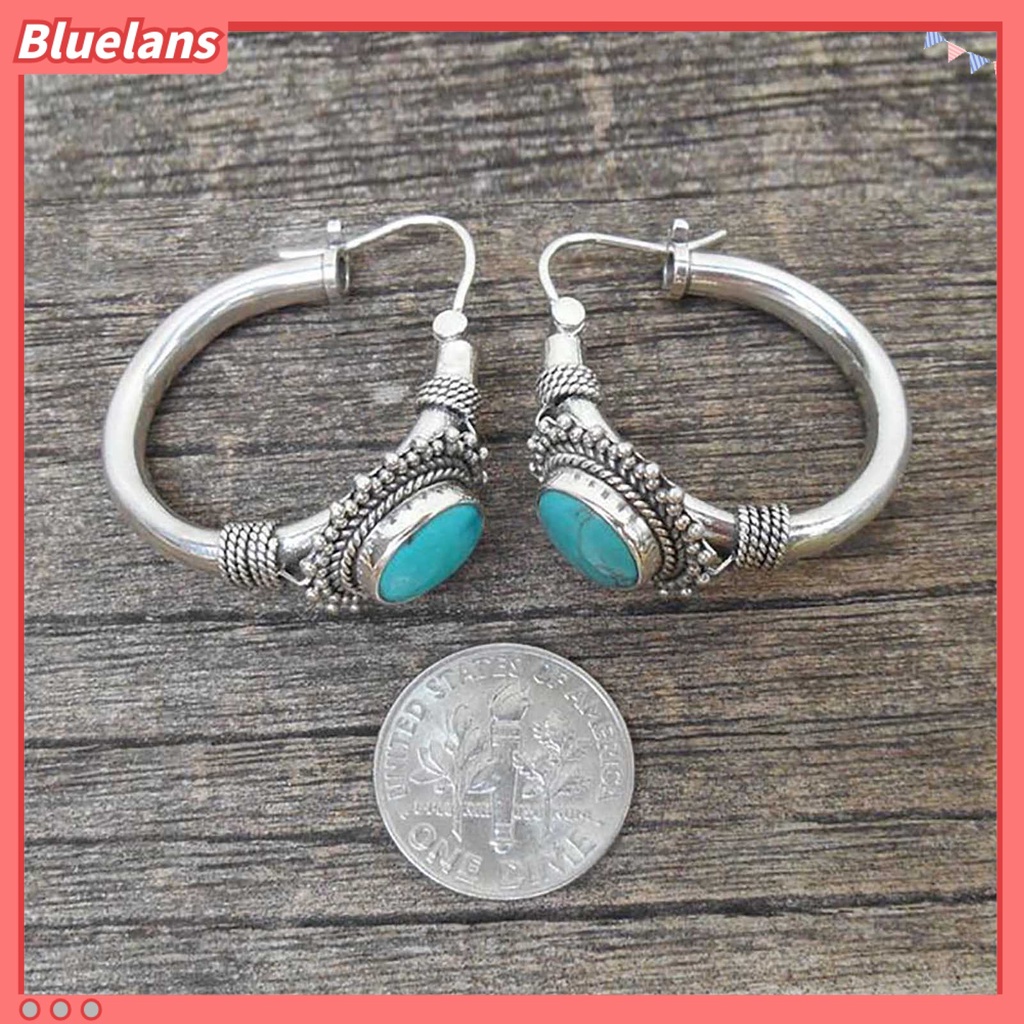 {In Stock} 1pasang Anting Hoop Tindik Oval Ukir Unik Biru Turquoise Bohemia Retro Earrings Aksesoris Perhiasan