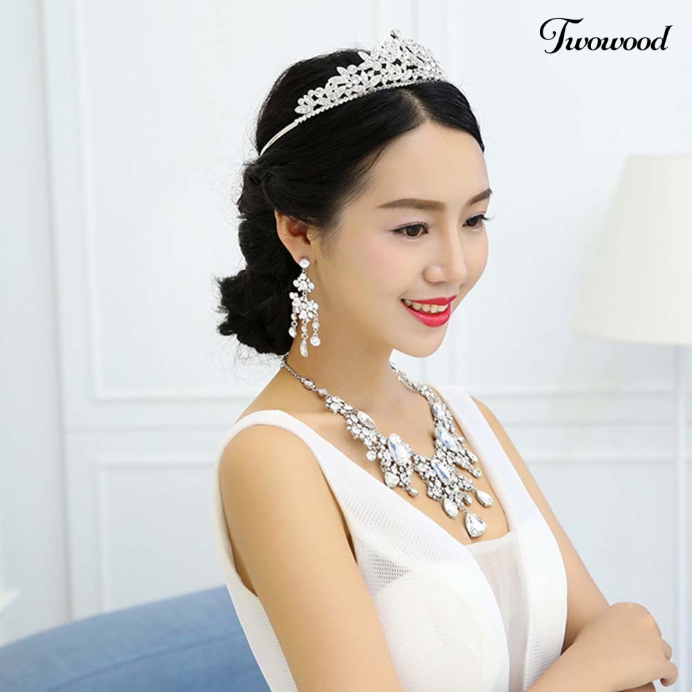 Twowood 2Pcs/Set Shiny Full Rhinestone Tassel Bridal Statement Bib Kalung Anting